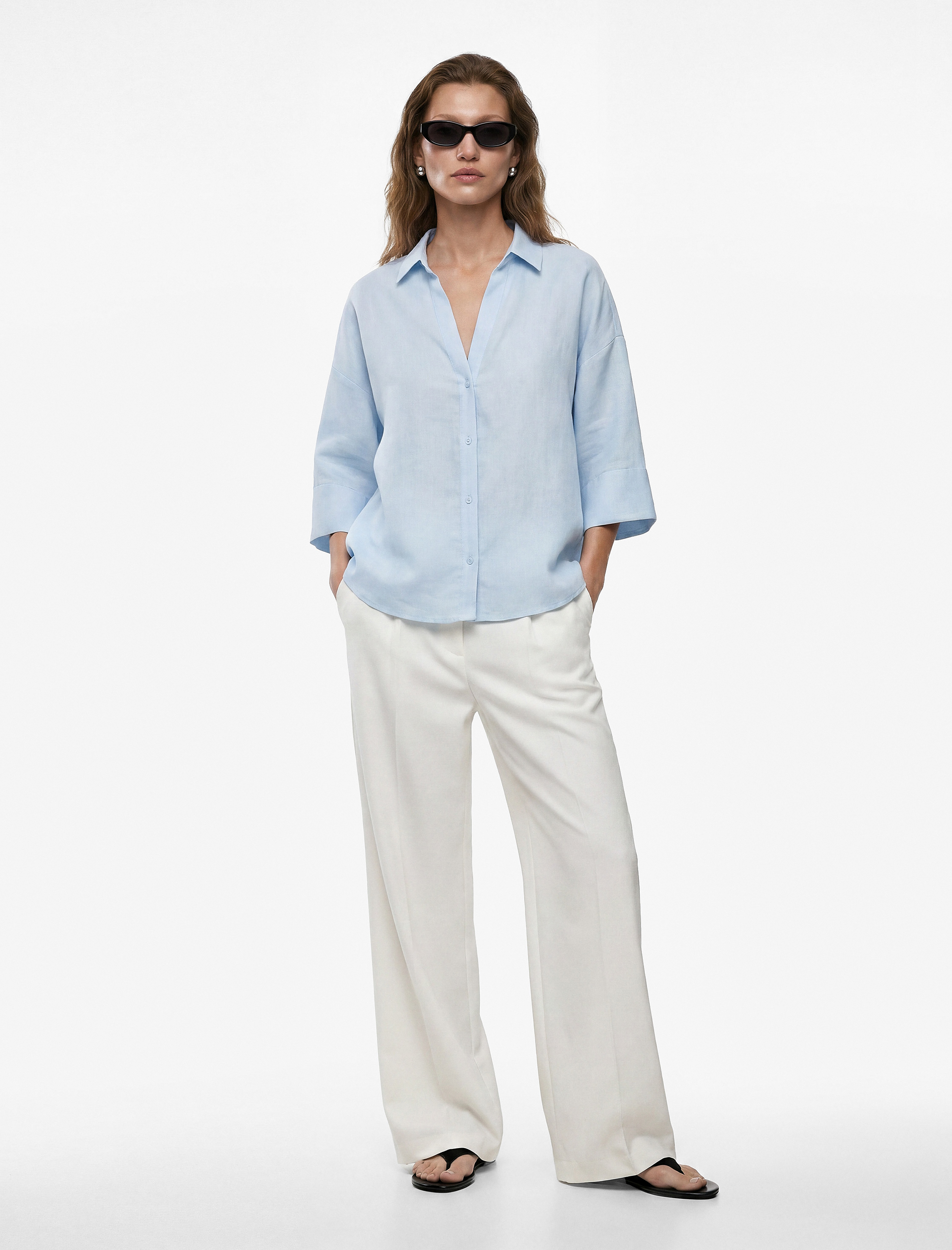   Oversize Klasik Yaka 3/4 Kollu Keten Karışımlı Gömlek