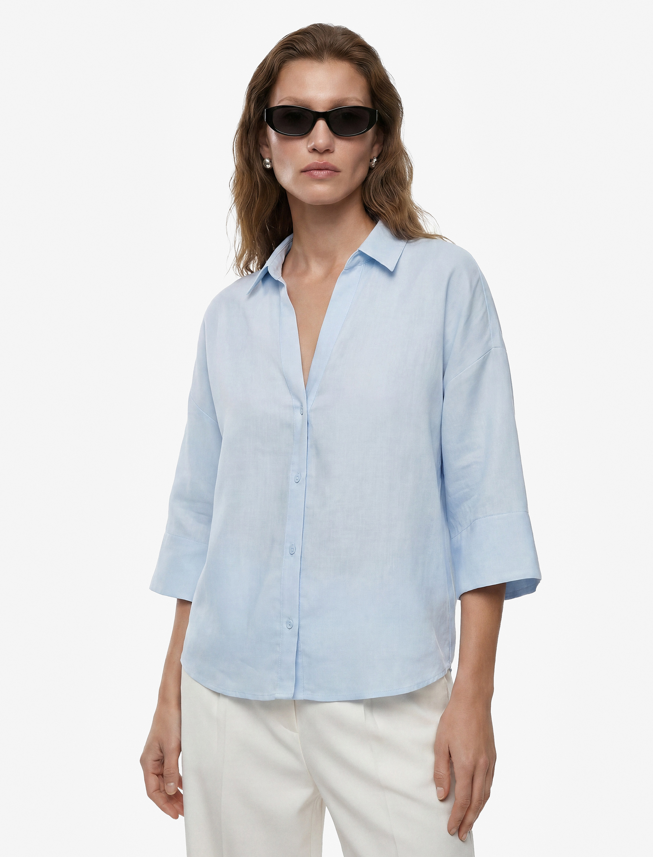  Oversize Klasik Yaka 3/4 Kollu Keten Karışımlı Gömlek
