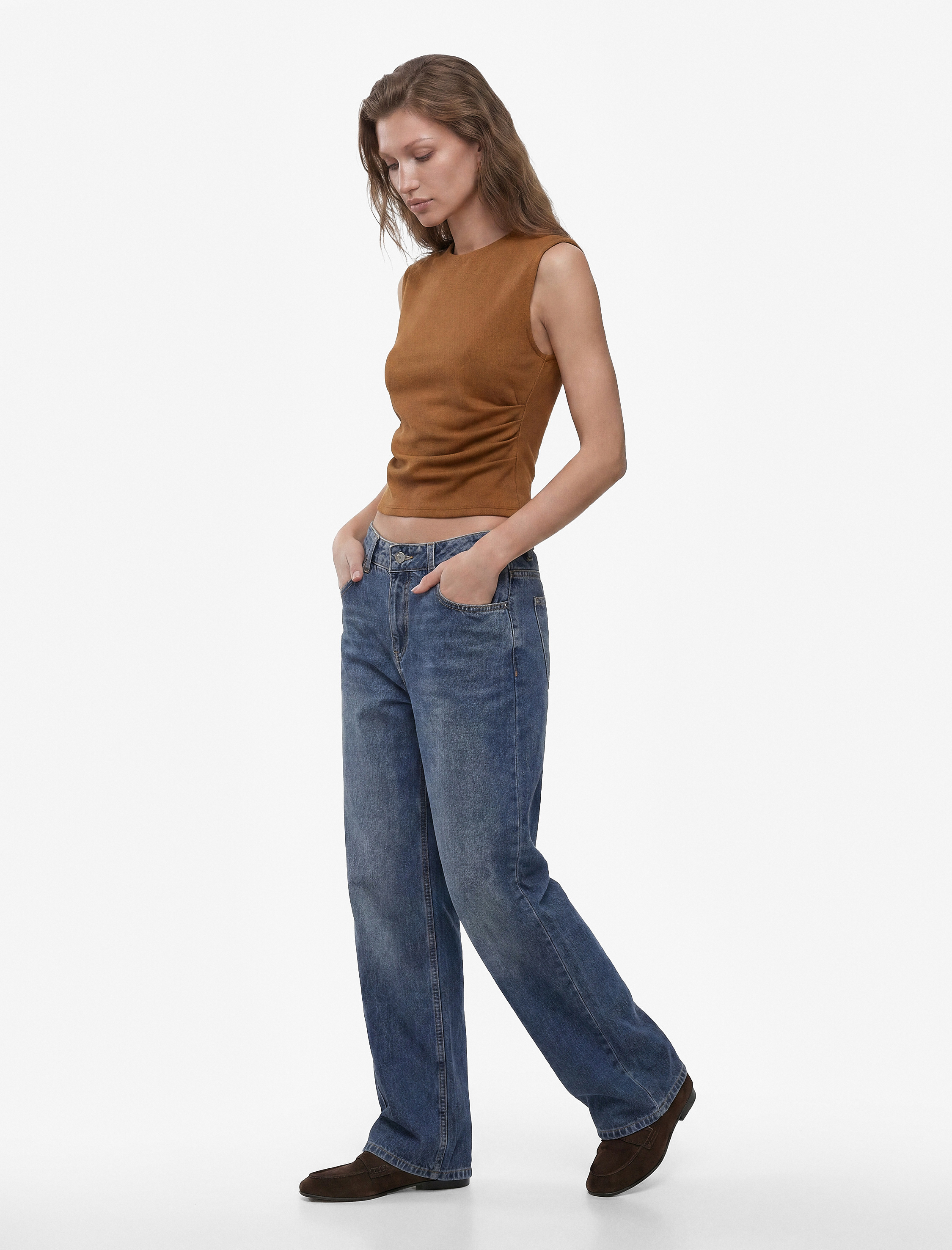   Krep Scuba Slim Fit Drape Detaylı Kolsuz Bisiklet Yaka Bluz