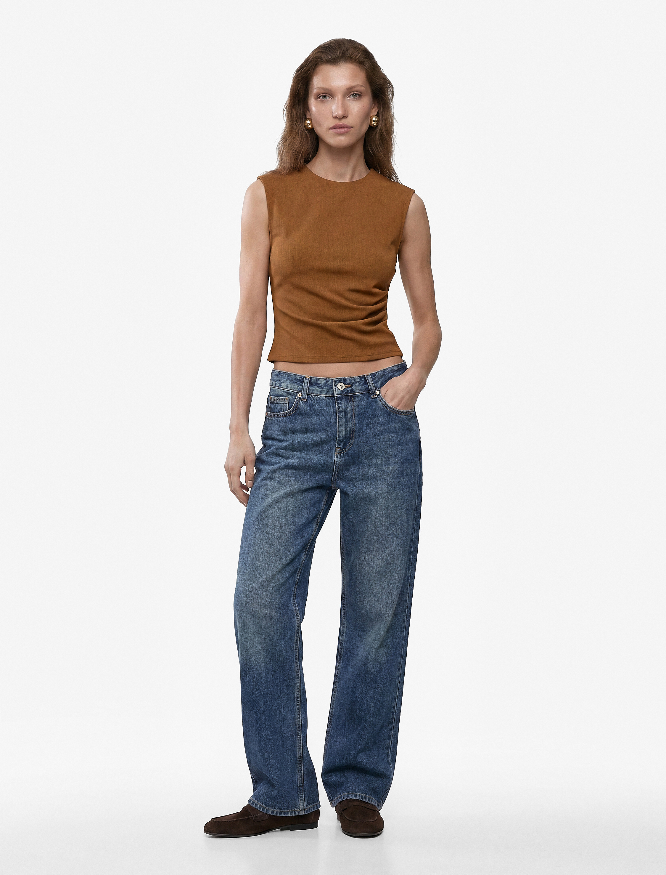   Krep Scuba Slim Fit Drape Detaylı Kolsuz Bisiklet Yaka Bluz