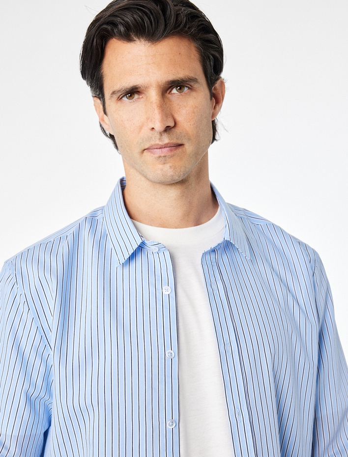  Regular Fit Pamuklu Poplin Klasik Yaka Uzun Kollu Çizgili Gömlek