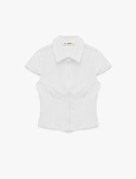 Slim Fit Kısa Kollu Klasik Yaka Fermuarlı Crop Gömlek
