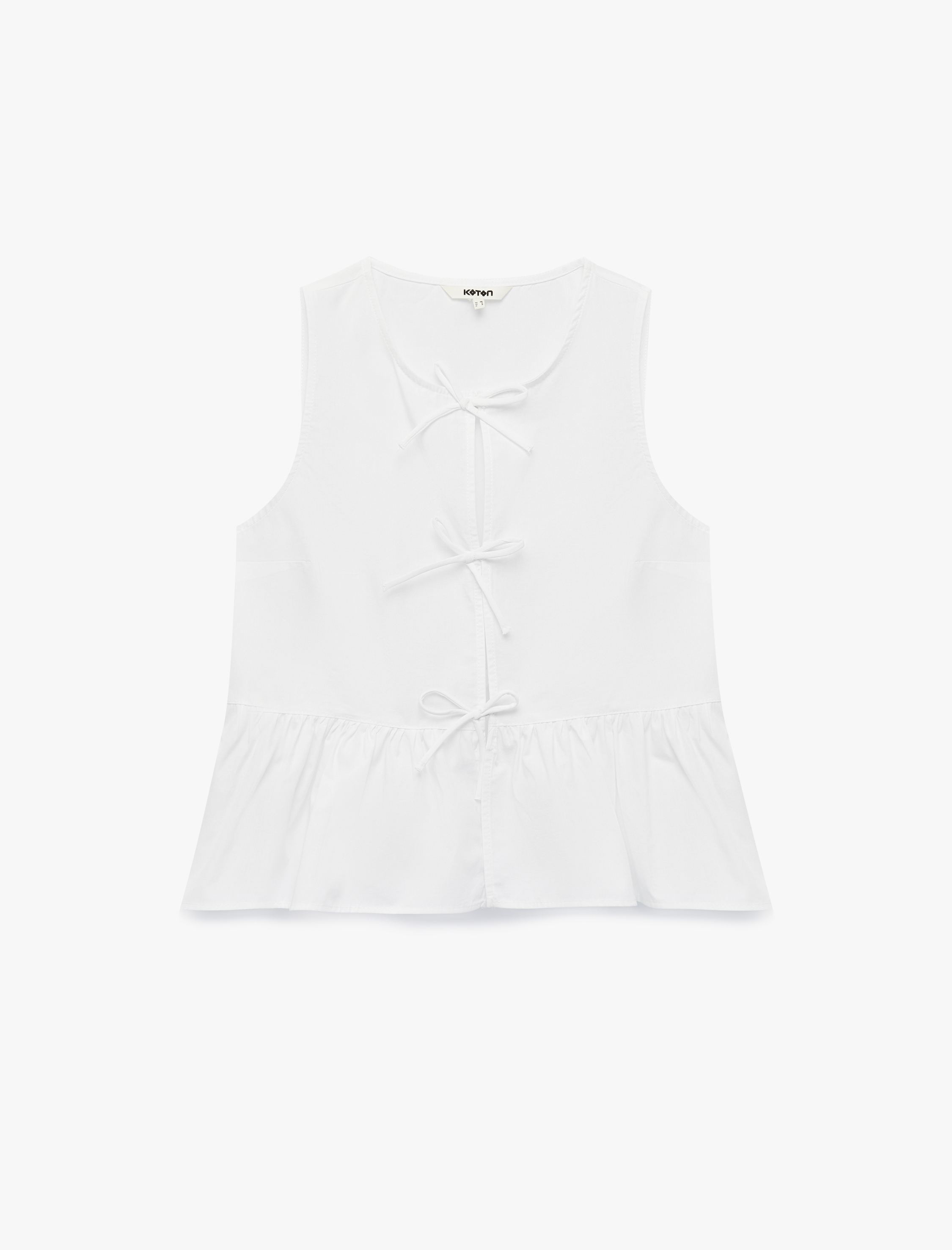   Pamuklu Kolsuz Yuvarlak Yaka Peplum Kesim Fiyonklu Poplin Bluz