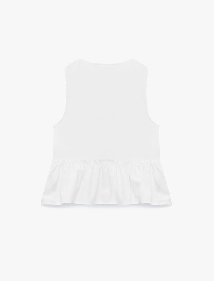  Pamuklu Kolsuz Yuvarlak Yaka Peplum Kesim Fiyonklu Poplin Bluz
