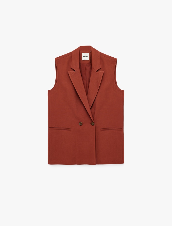  Koton X Melis Ağazat - Viskon Kumaş Cepli Kolsuz Kruvaze Blazer Ceket Yelek