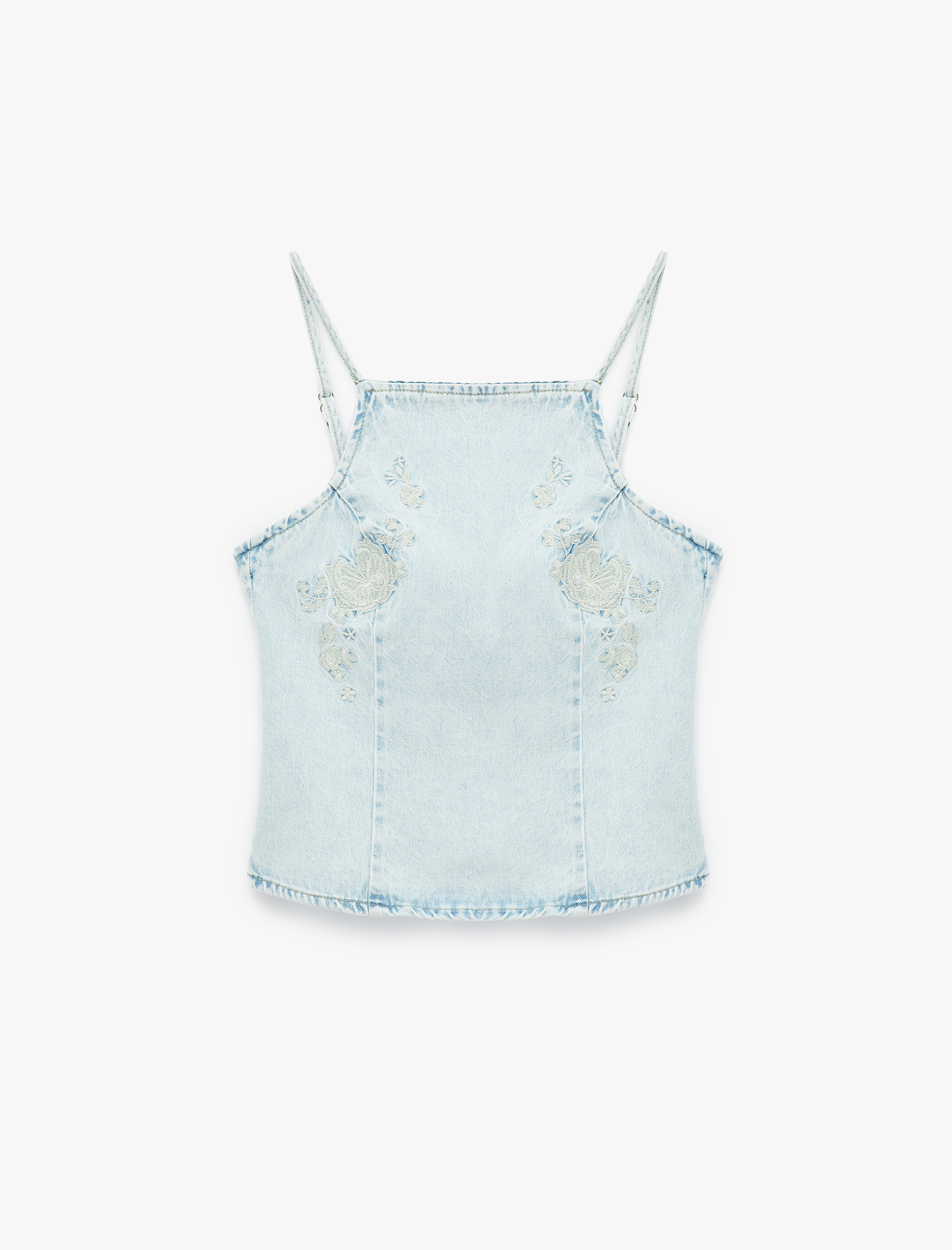   Bağlamalı Sırt Detaylı Nakışlı Kare Halter Yaka Askılı Denim Top