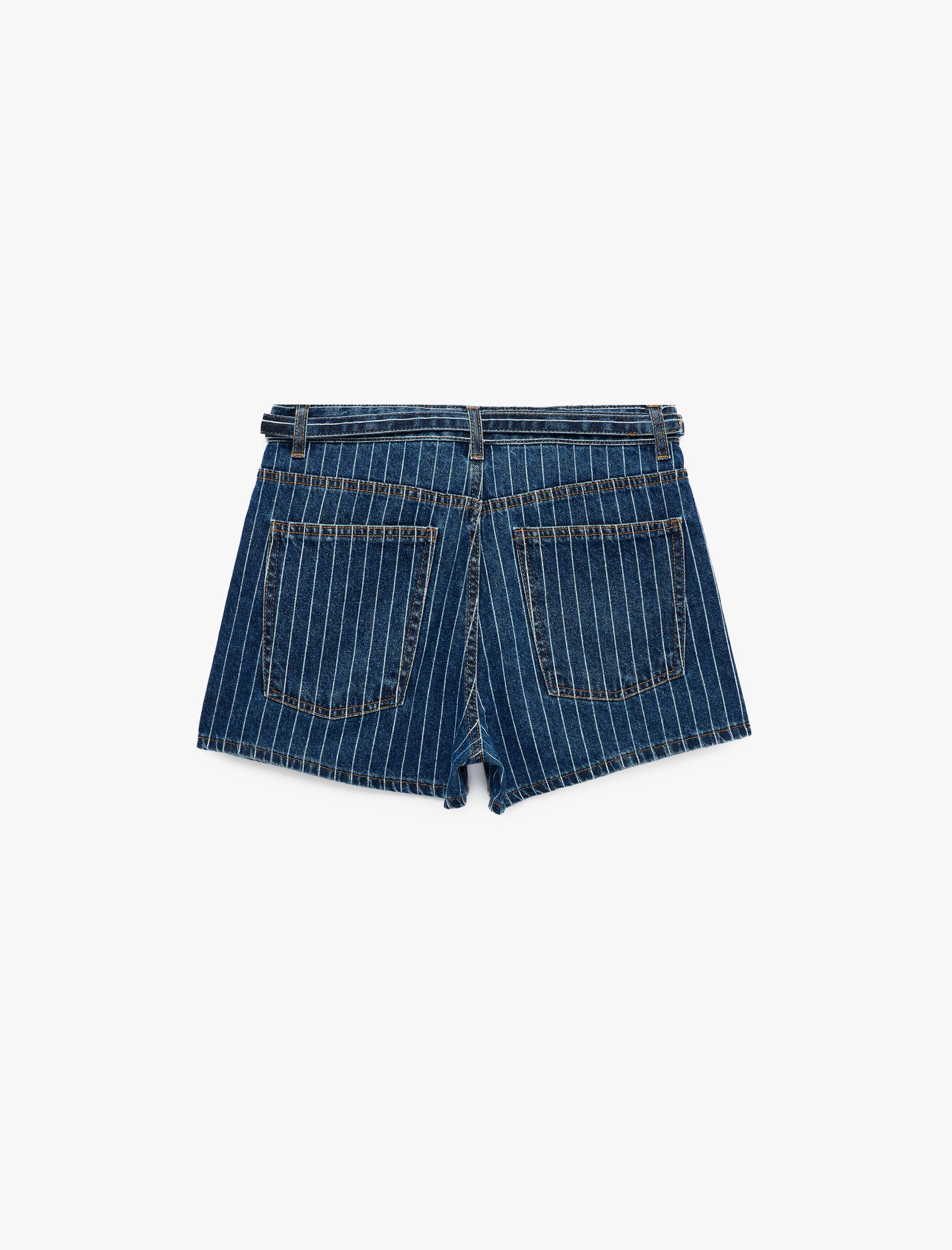   Kemer Detaylı Çizgili Regular Fit Pamuklu Mini Denim Şort