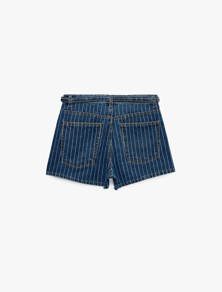  Kemer Detaylı Çizgili Regular Fit Pamuklu Mini Denim Şort