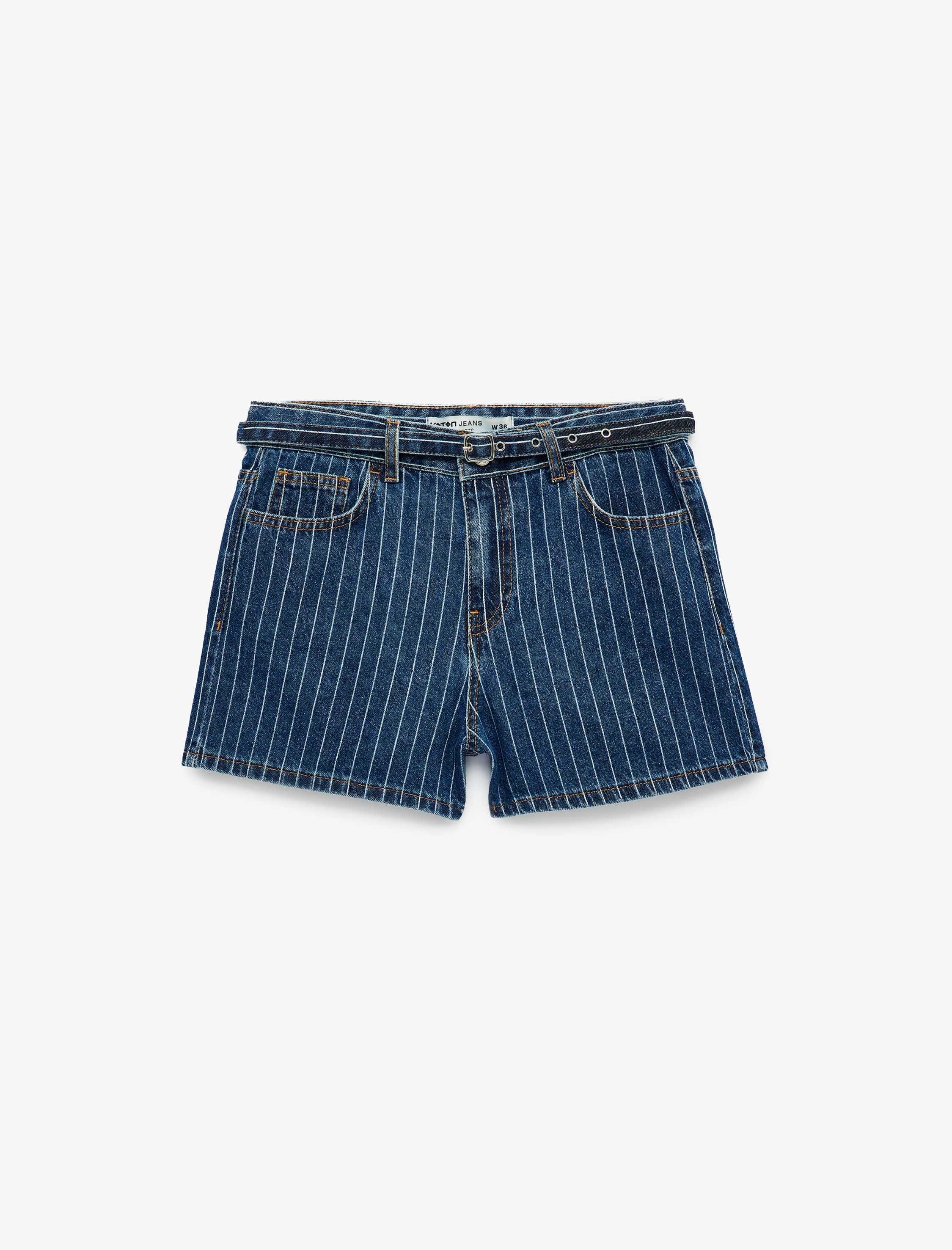  Kemer Detaylı Çizgili Regular Fit Pamuklu Mini Denim Şort
