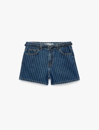 Kemer Detaylı Çizgili Regular Fit Pamuklu Mini Denim Şort