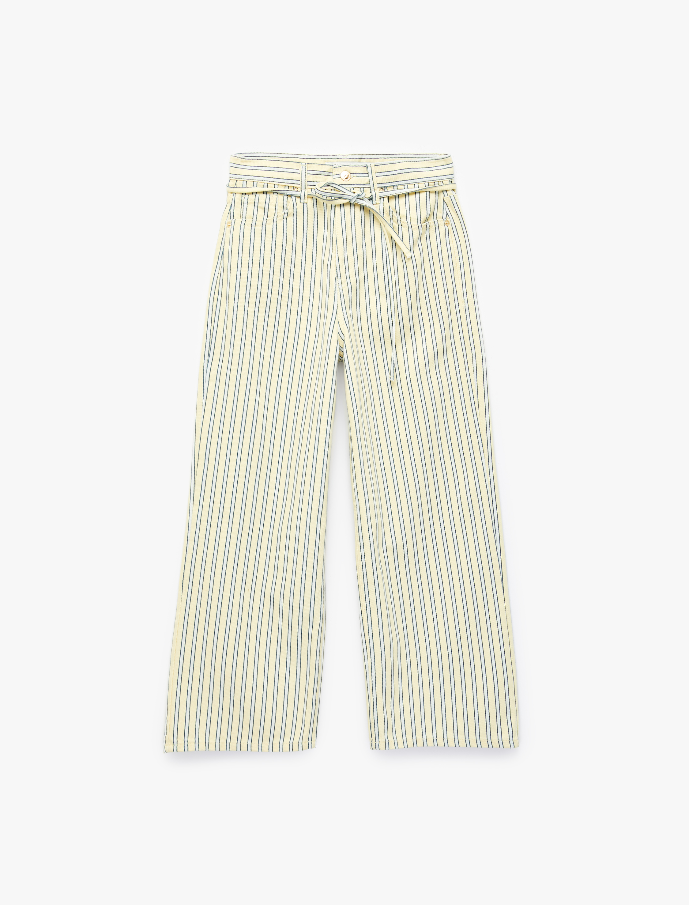   Çizgili Pamuklu Normal Bel Bağcık Detaylı Crop Wide Leg Pantolon