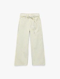 Çizgili Pamuklu Normal Bel Bağcık Detaylı Crop Wide Leg Pantolon