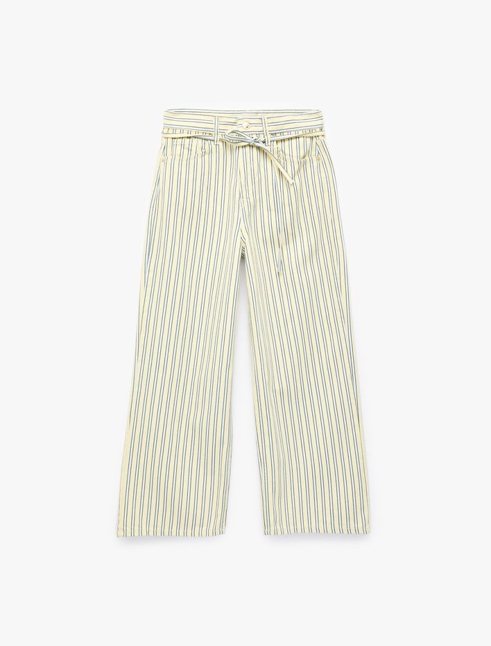  Çizgili Pamuklu Normal Bel Bağcık Detaylı Crop Wide Leg Pantolon