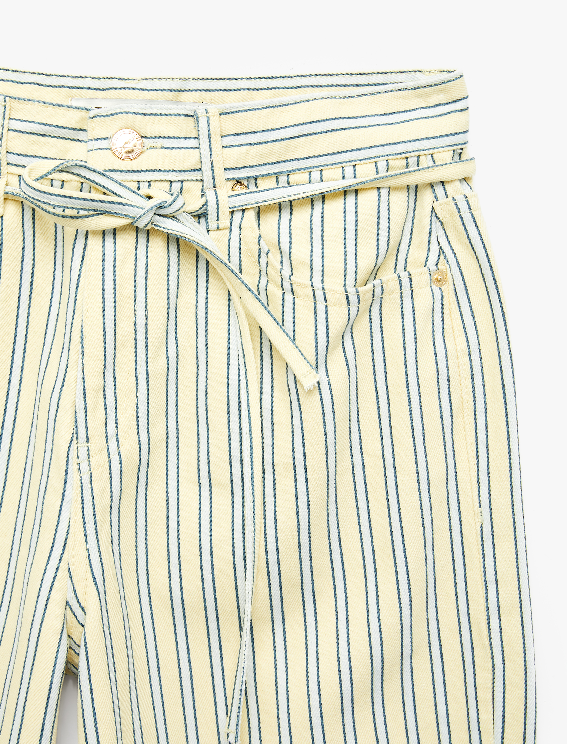   Çizgili Pamuklu Normal Bel Bağcık Detaylı Crop Wide Leg Pantolon