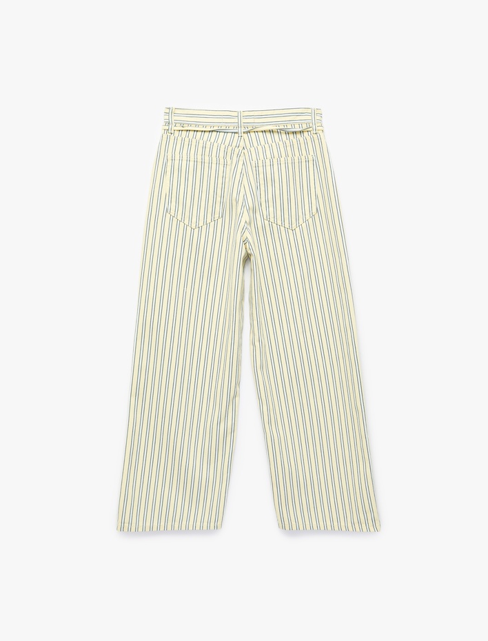  Çizgili Pamuklu Normal Bel Bağcık Detaylı Crop Wide Leg Pantolon