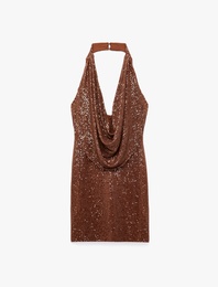 Pullu Payetli Slim Fit Degaje Yaka Kolsuz Mini Abiye Elbise