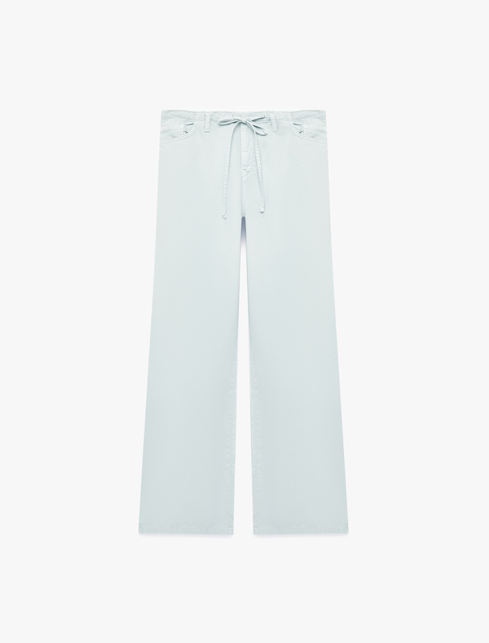  Pamuklu Cep Detaylı Beli Bağcıklı Bol Pantolon - Loose Straight Fit Jean