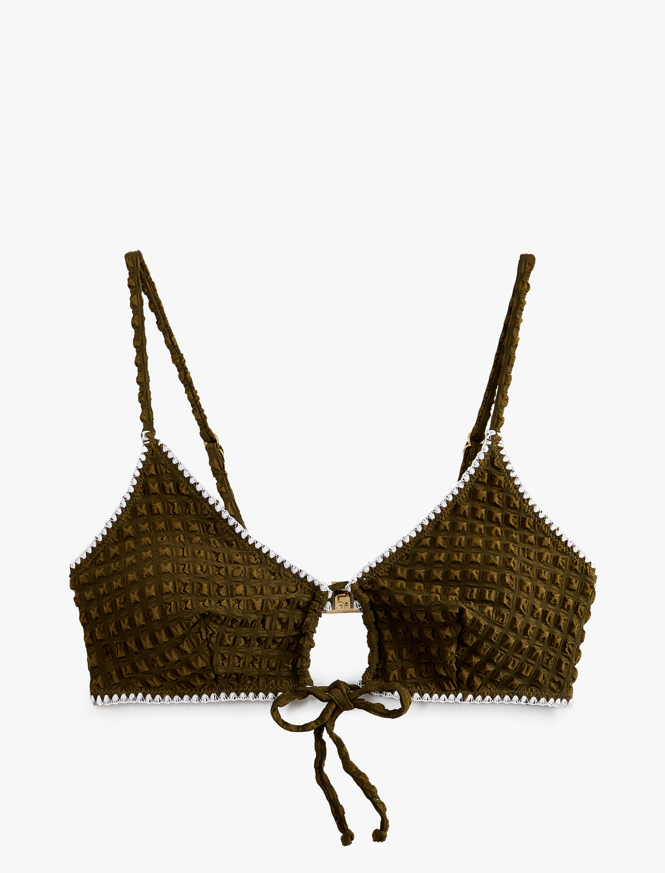   Önden Bağlama Detaylı Dokulu Kroşe Detaylı Bikini Üstü