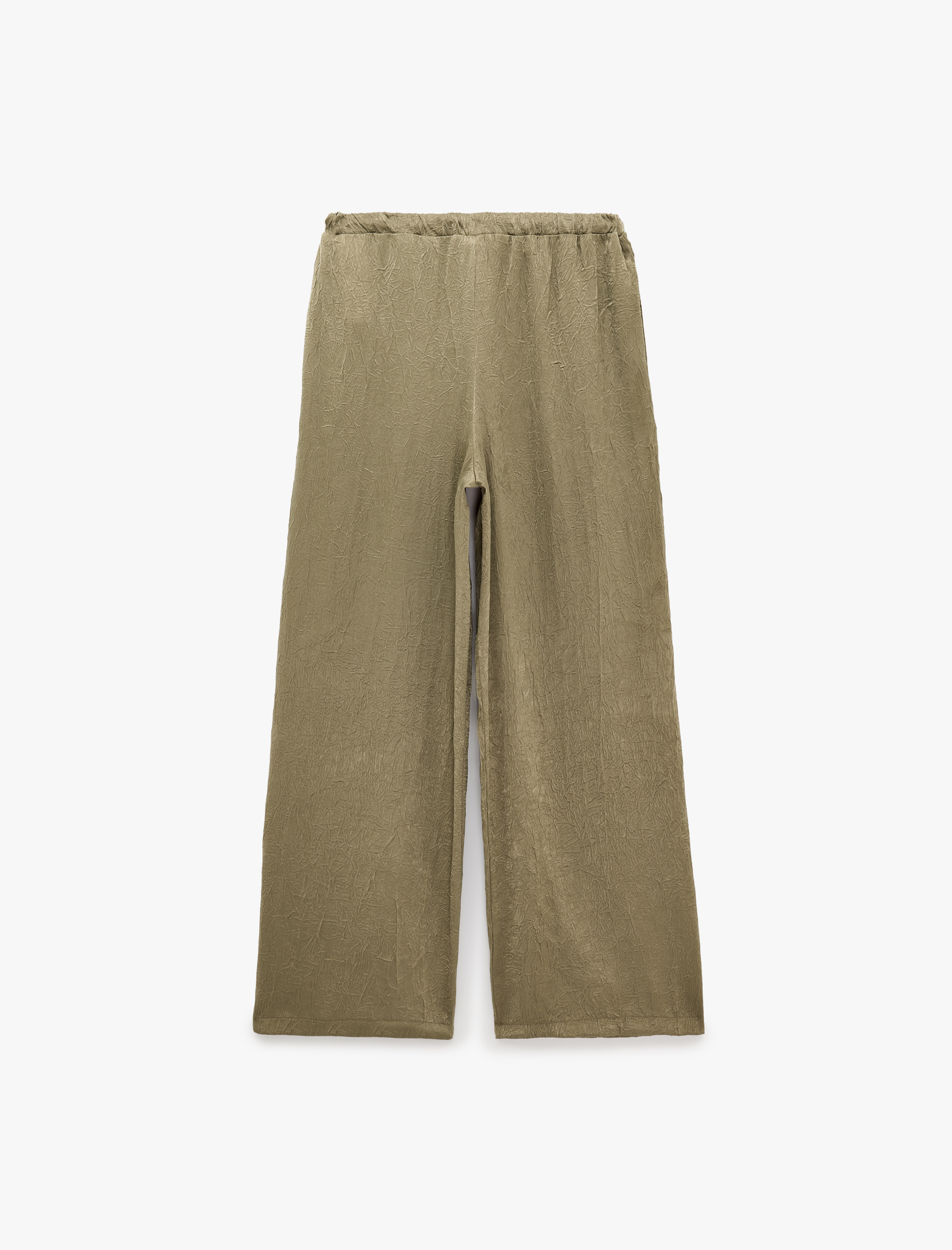   Beli Bağcıklı Yüksek Bel Geniş Paça Saten Pantolon