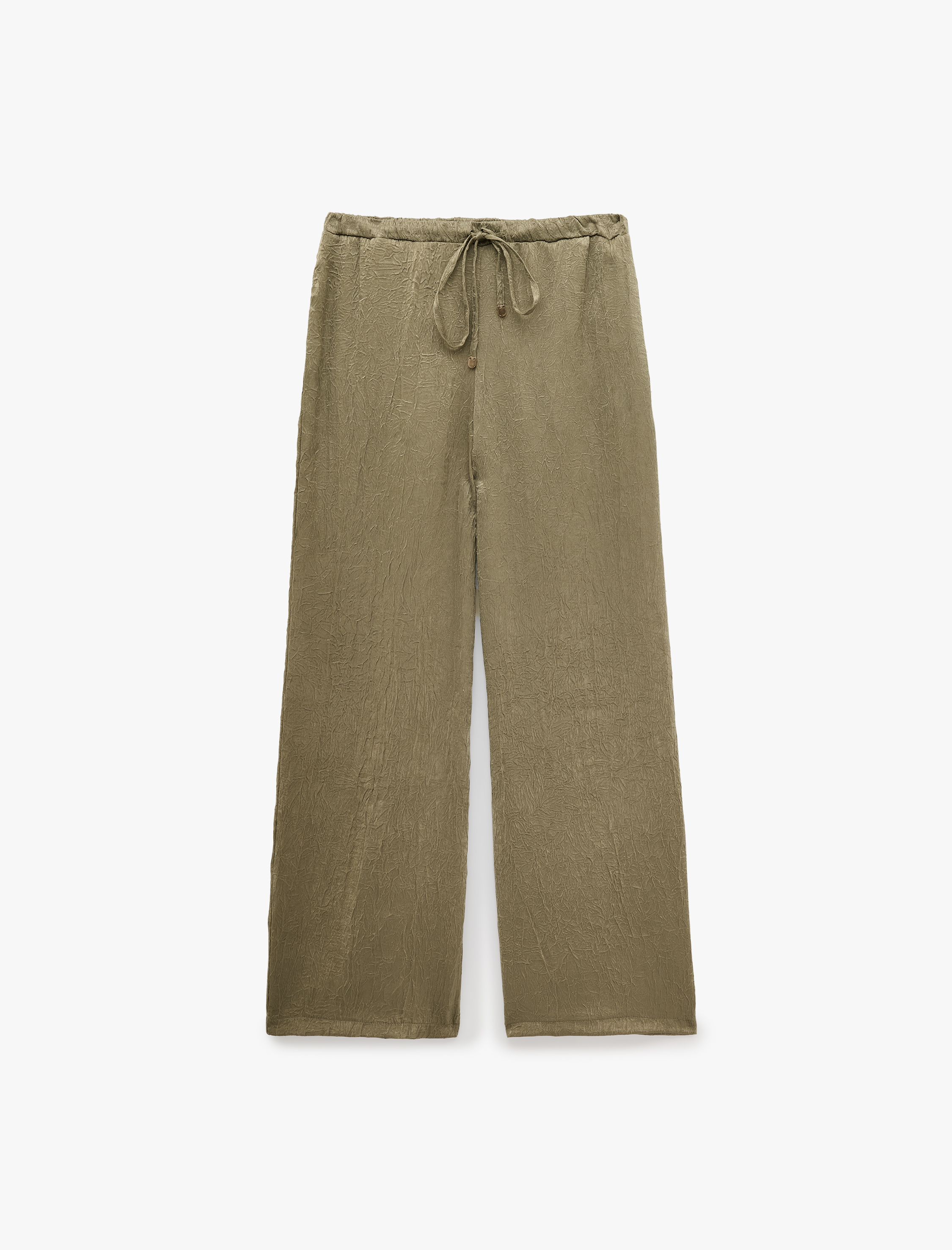   Beli Bağcıklı Yüksek Bel Geniş Paça Saten Pantolon