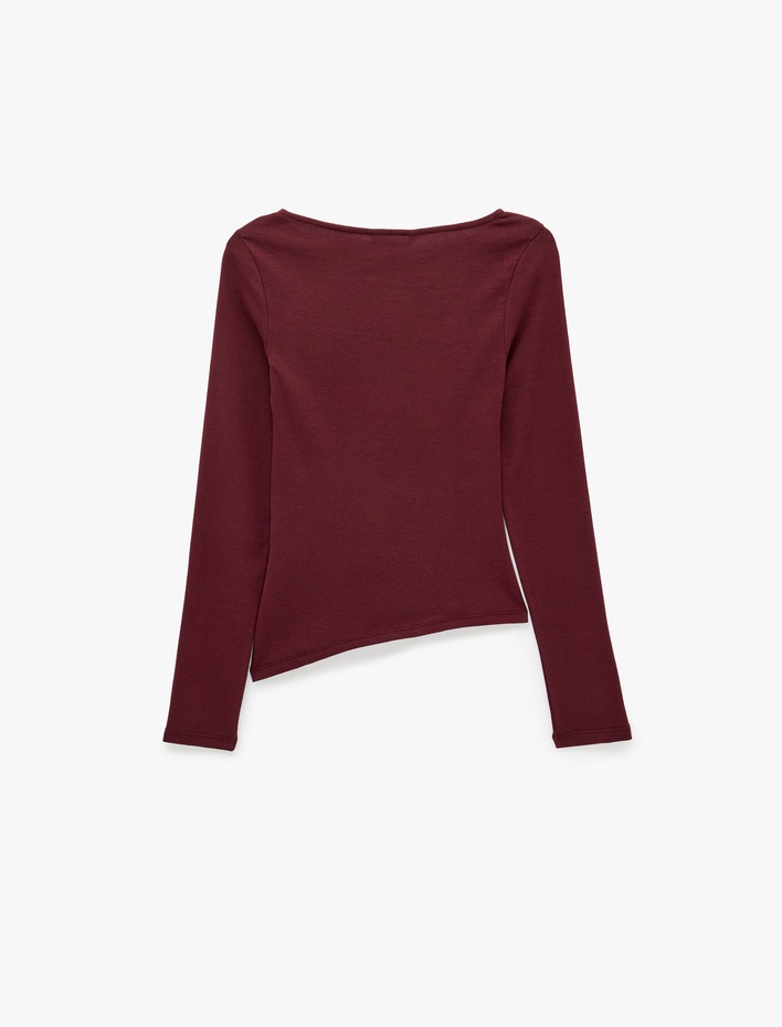  Pamuklu Asimetrik Kayık Yaka Kolsuz Slim Fit Uzun Kollu Tişört