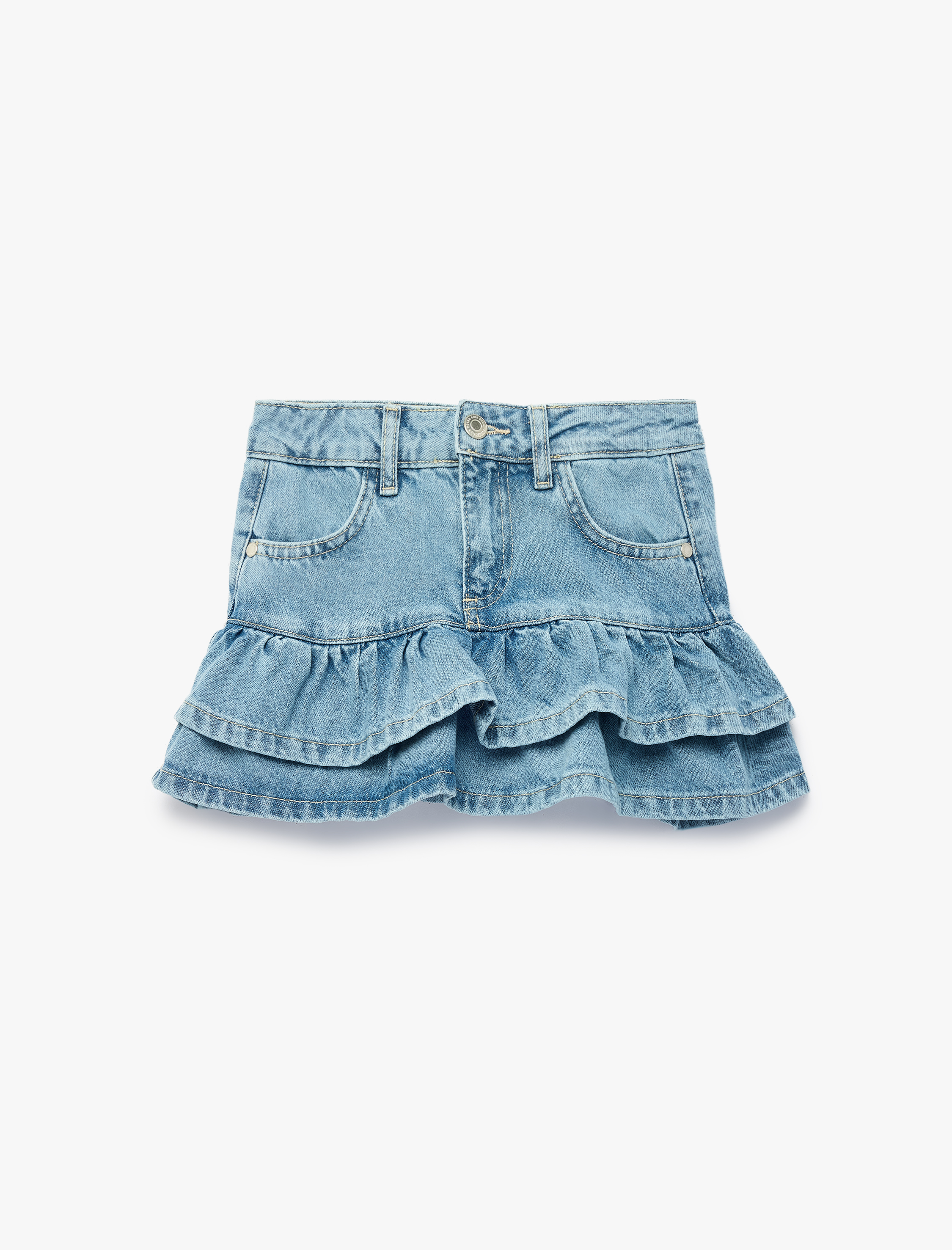  Kız Çocuk Pamuklu Cepli Fırfır Detaylı Denim Etek