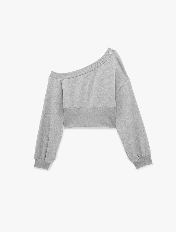  Slim Fit Asimetrik Yaka Korse Detaylı Uzun Kollu Crop Sweatshirt
