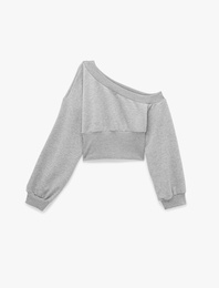 Slim Fit Asimetrik Yaka Korse Detaylı Uzun Kollu Crop Sweatshirt