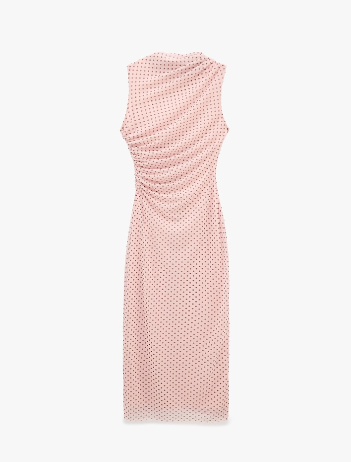  Drapeli Slim Fit Kolsuz Bisiklet Yaka Puantiyeli Uzun Elbise