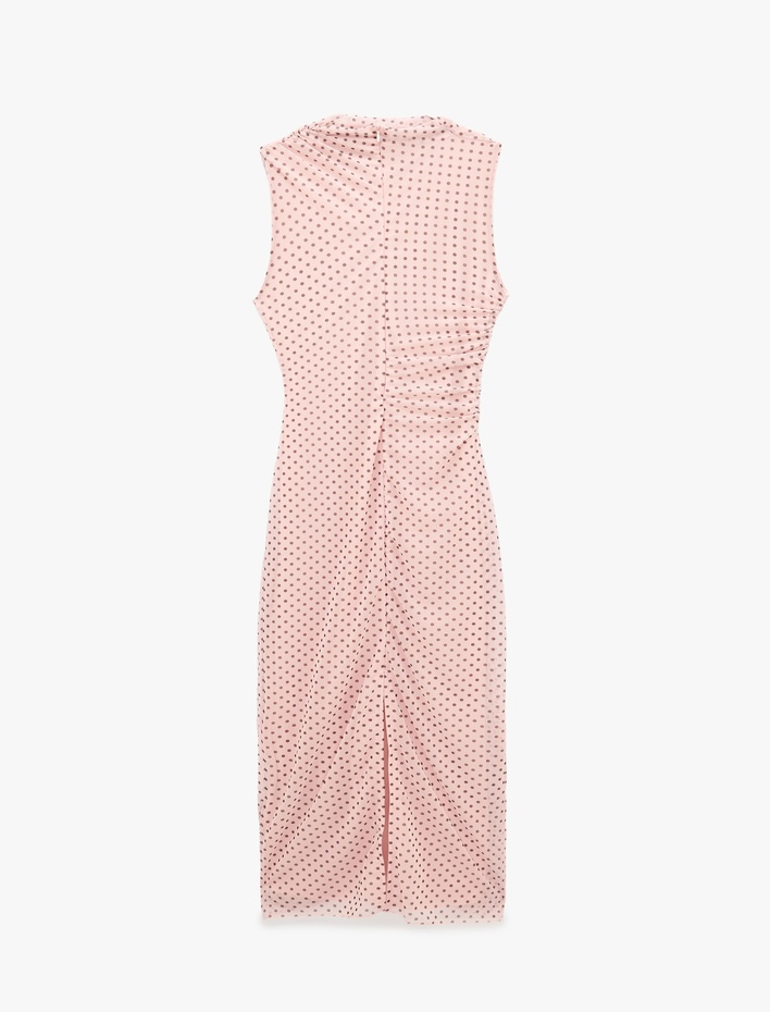  Drapeli Slim Fit Kolsuz Bisiklet Yaka Puantiyeli Uzun Elbise