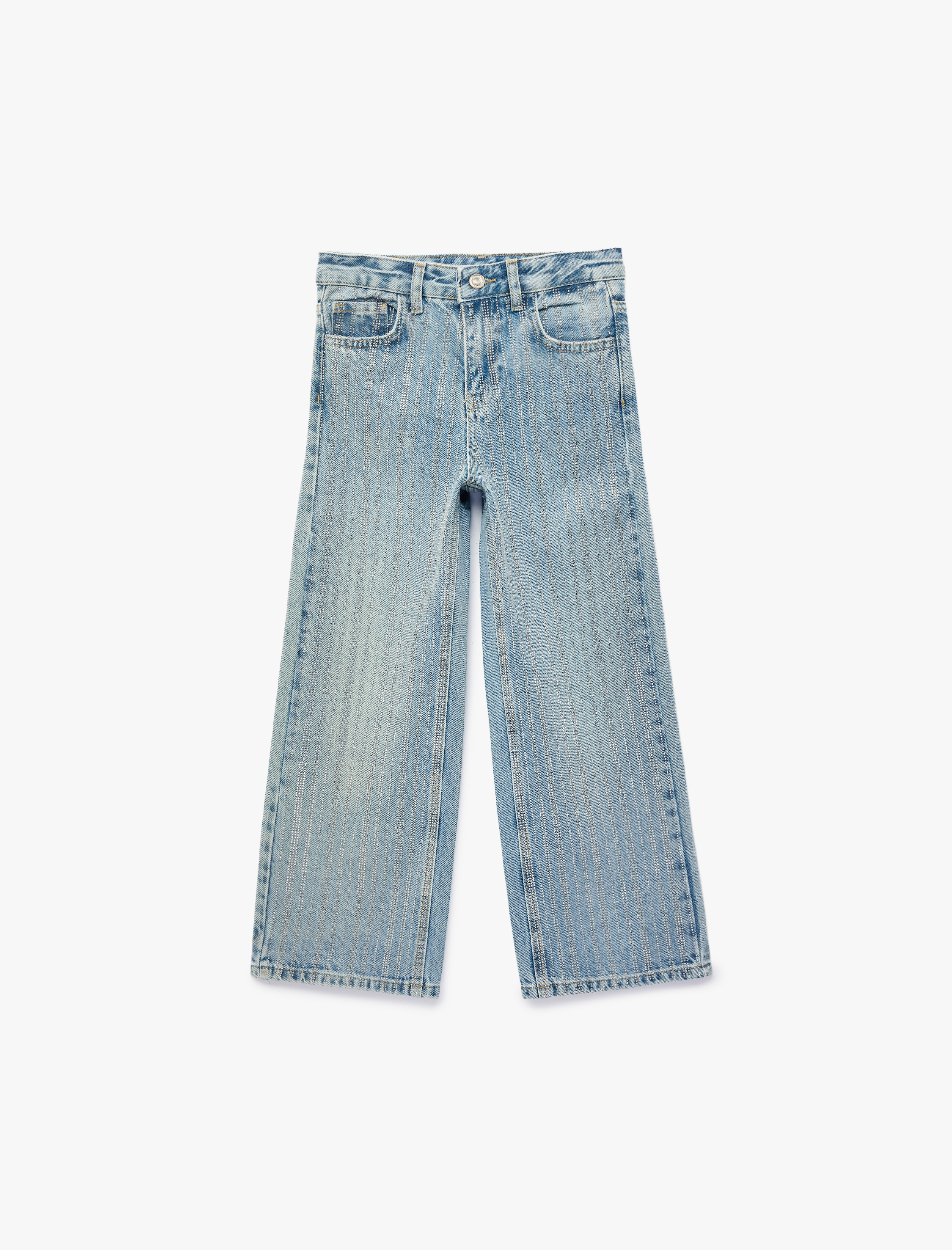  Kız Çocuk Pamuklu Cepli Yüksek Bel İspanyol Paça Denim Pantolon