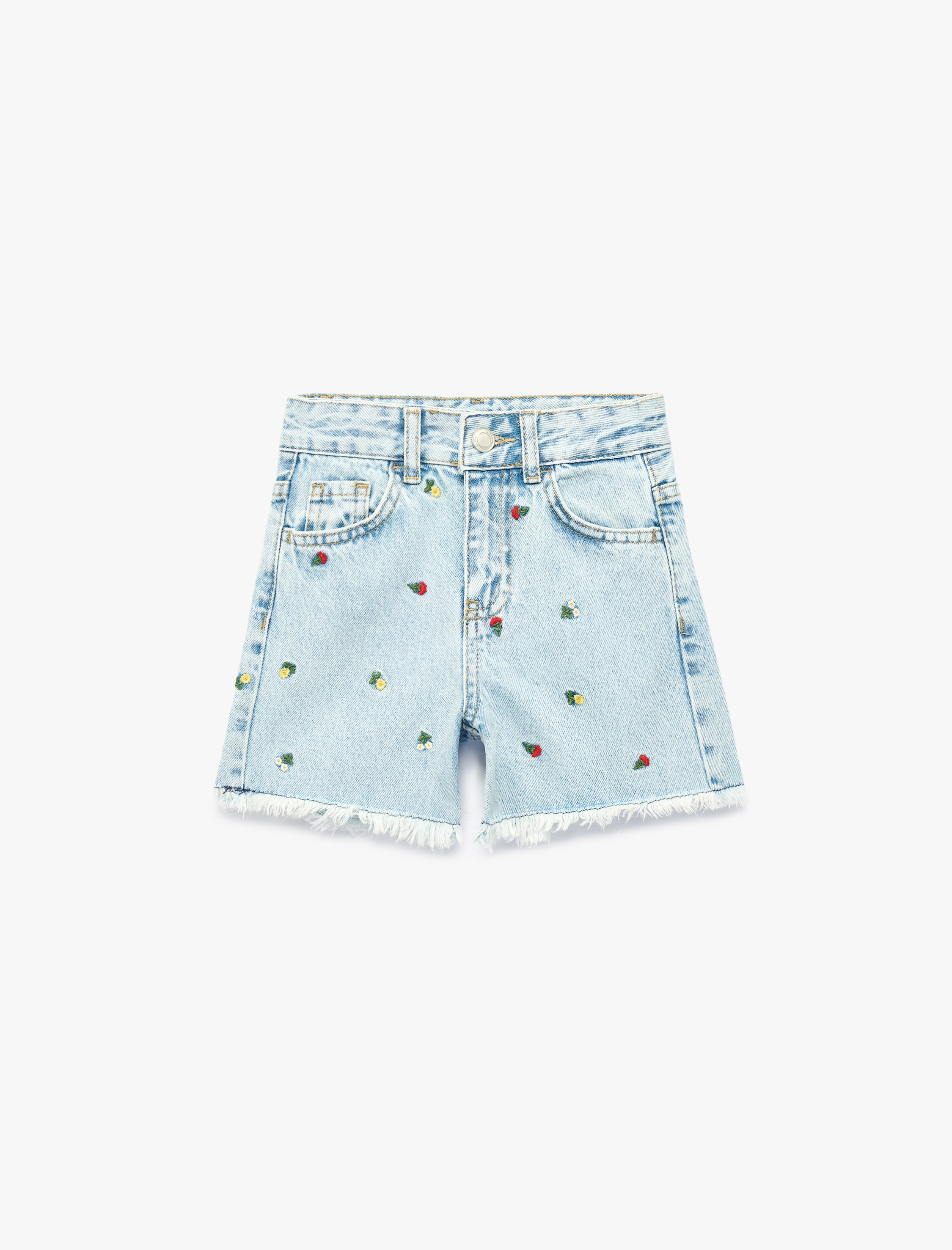  Kız Çocuk Çiçekli Nakış Detaylı Cepli Püsküllü Denim Şort