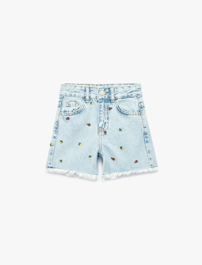 Kız Çocuk Çiçekli Nakış Detaylı Cepli Püsküllü Denim Şort