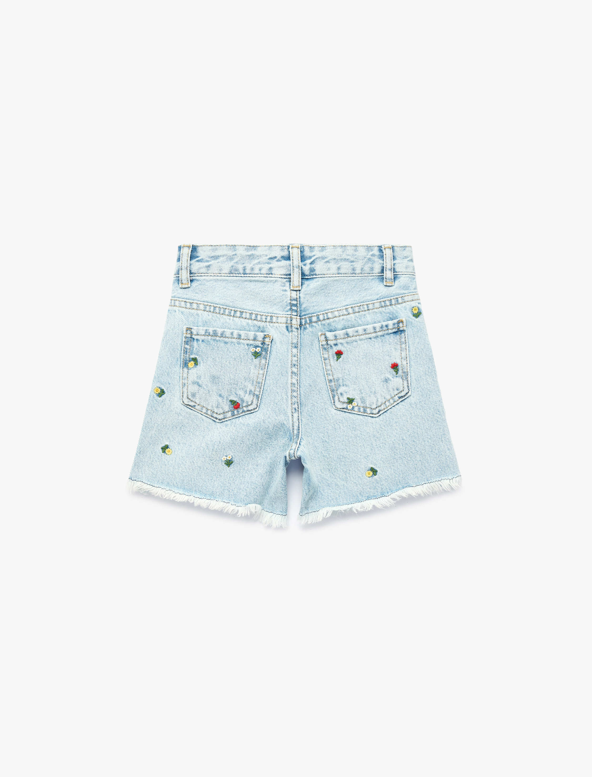  Kız Çocuk Çiçekli Nakış Detaylı Cepli Püsküllü Denim Şort