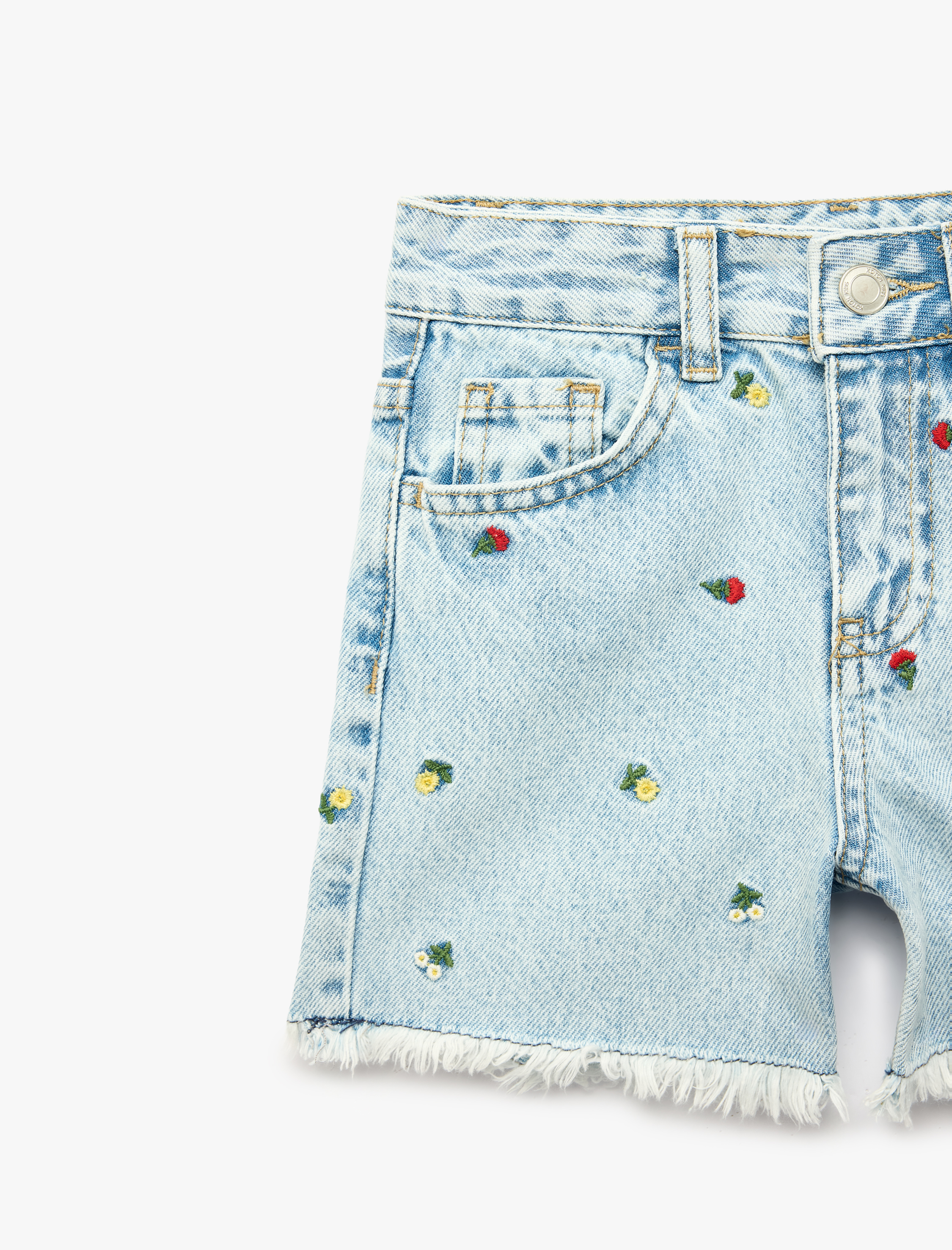  Kız Çocuk Çiçekli Nakış Detaylı Cepli Püsküllü Denim Şort