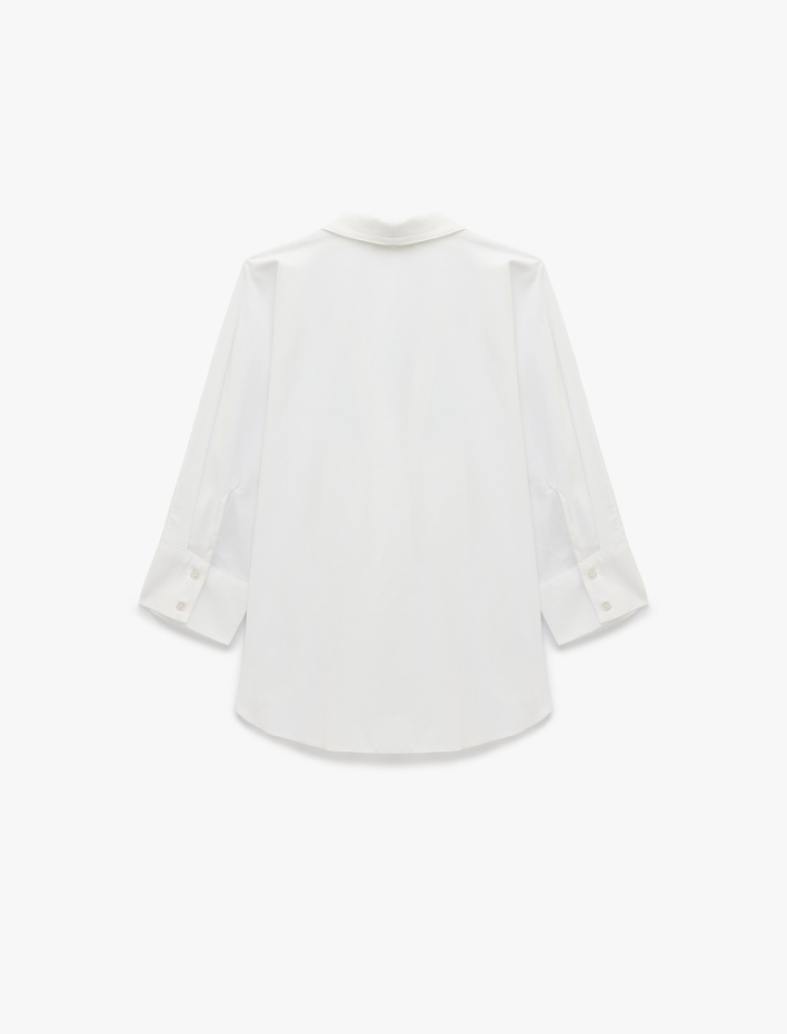  Poplin Kumaş Düğmeli Devrik Yaka 3/4 Kollu Oversize Gömlek
