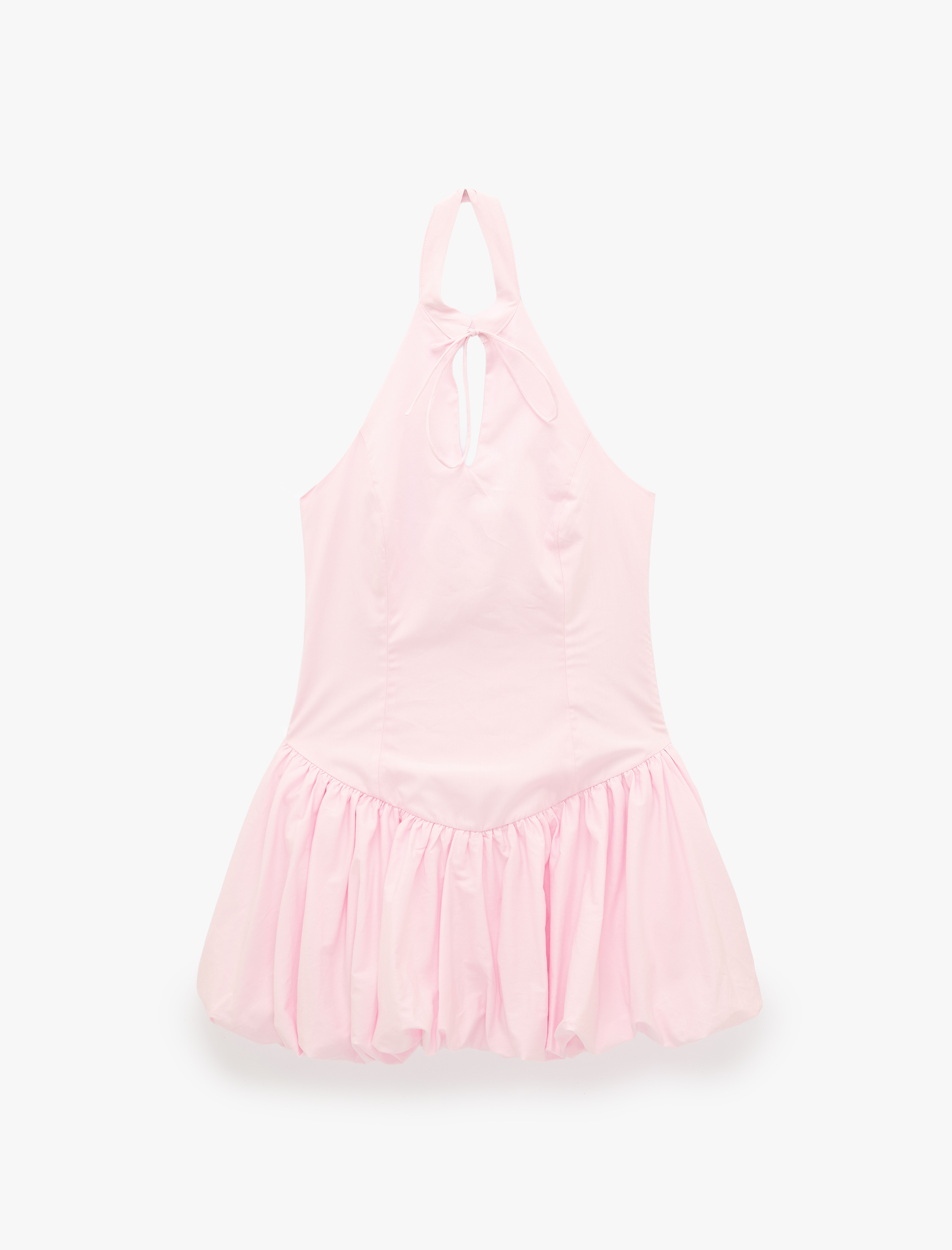   Kolsuz Slim Fit Fiyonk Detaylı Halter Yaka Mini Balon Elbise