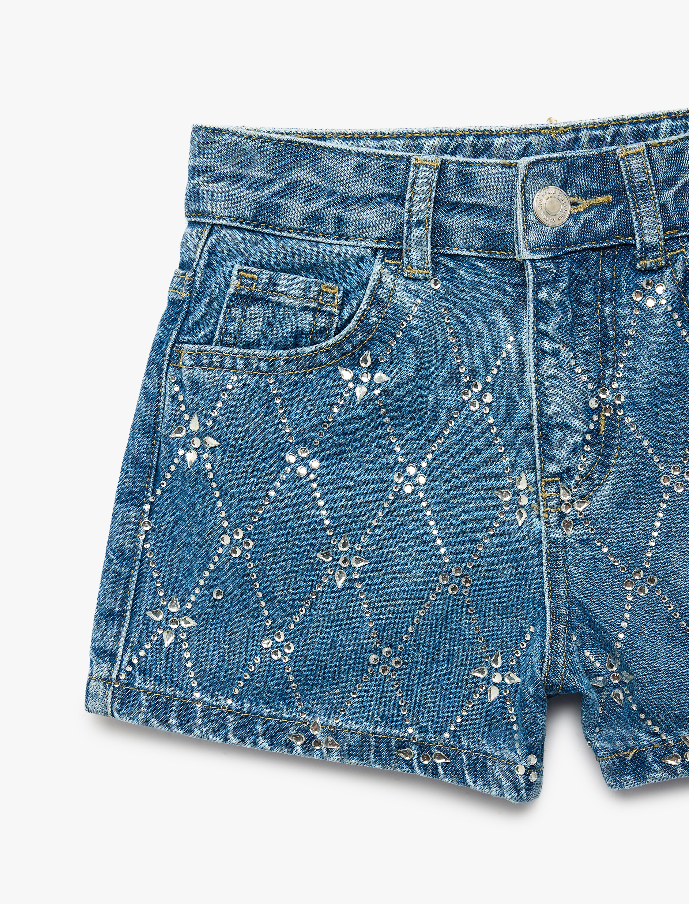  Kız Çocuk Slim Fit Pamuklu Cepli Taş Detaylı Mini Denim Şort