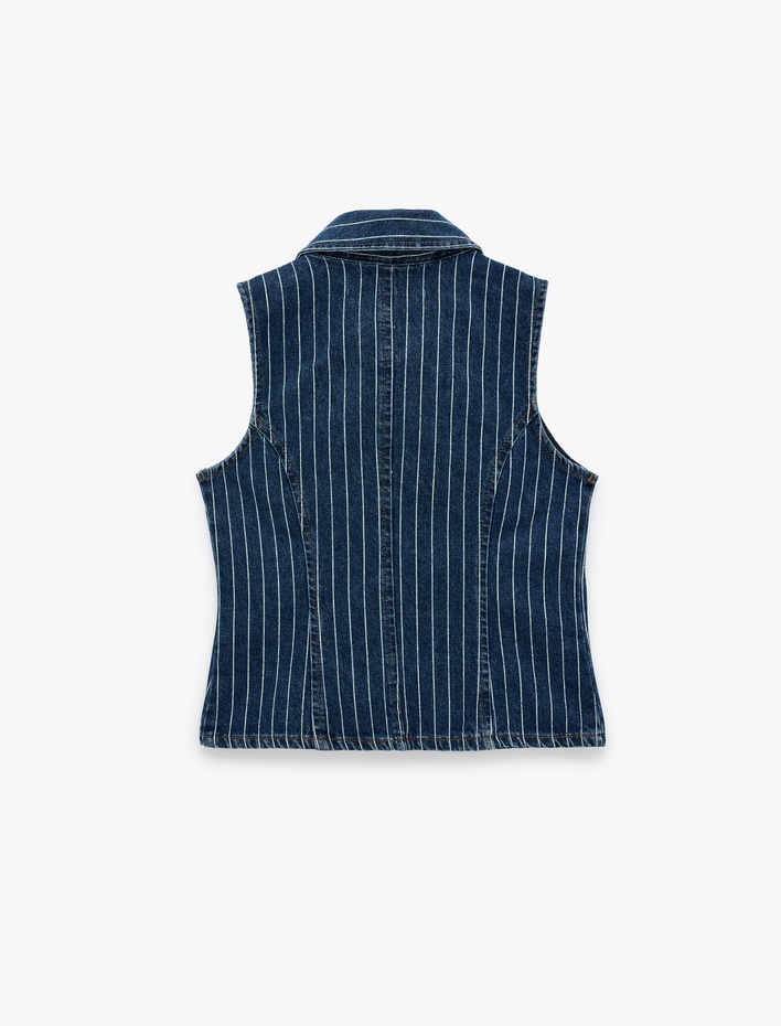  Pamuklu Rahat Kalıp Kolsuz Klasik Yaka Fermuarlı Denim Yelek