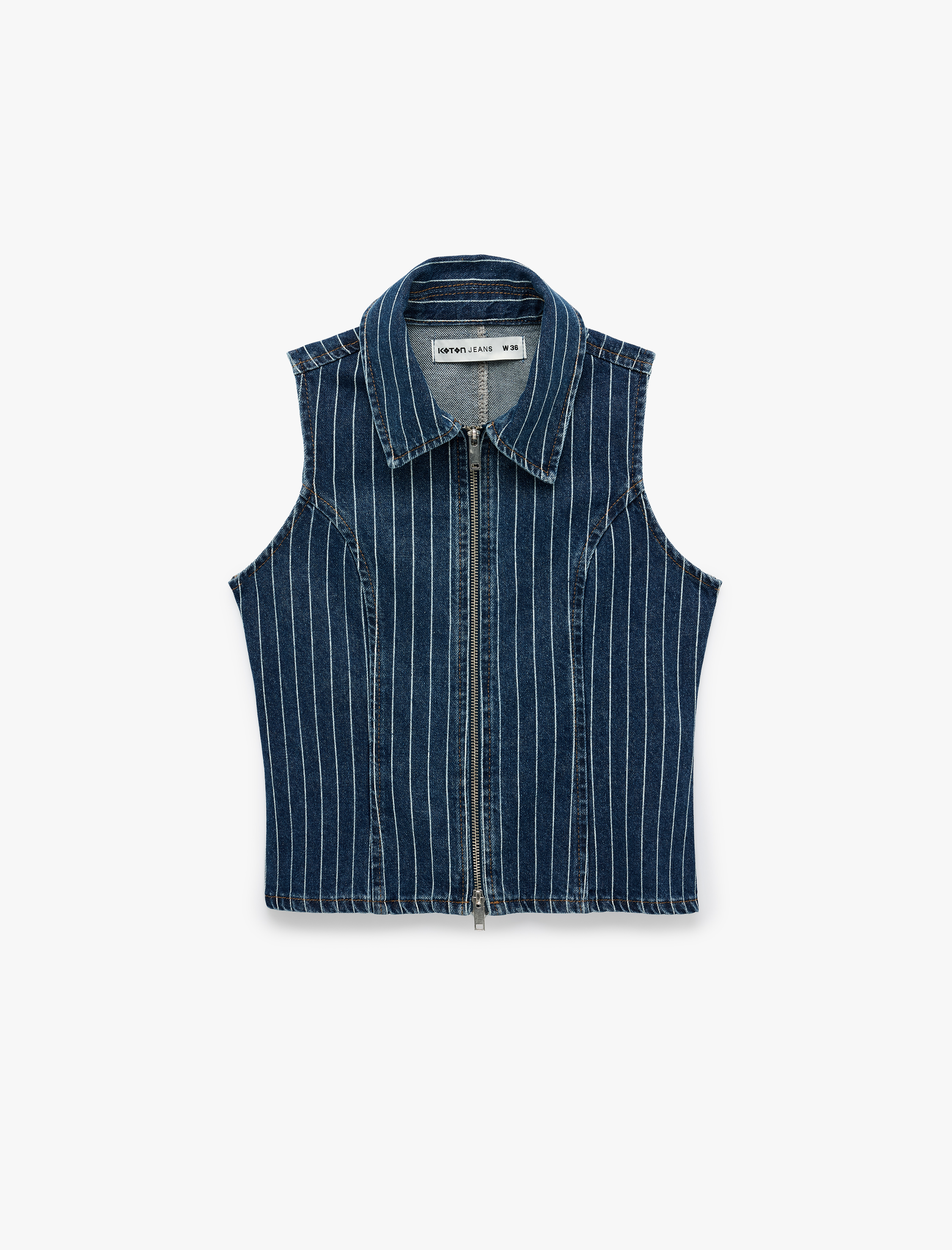   Pamuklu Rahat Kalıp Kolsuz Klasik Yaka Fermuarlı Denim Yelek