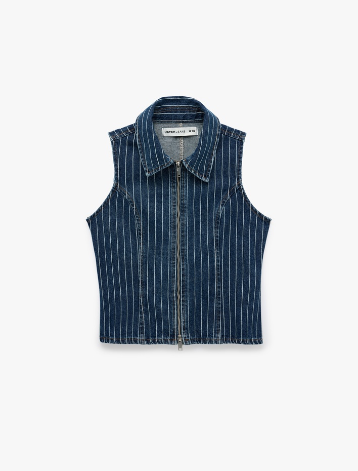  Pamuklu Rahat Kalıp Kolsuz Klasik Yaka Fermuarlı Denim Yelek