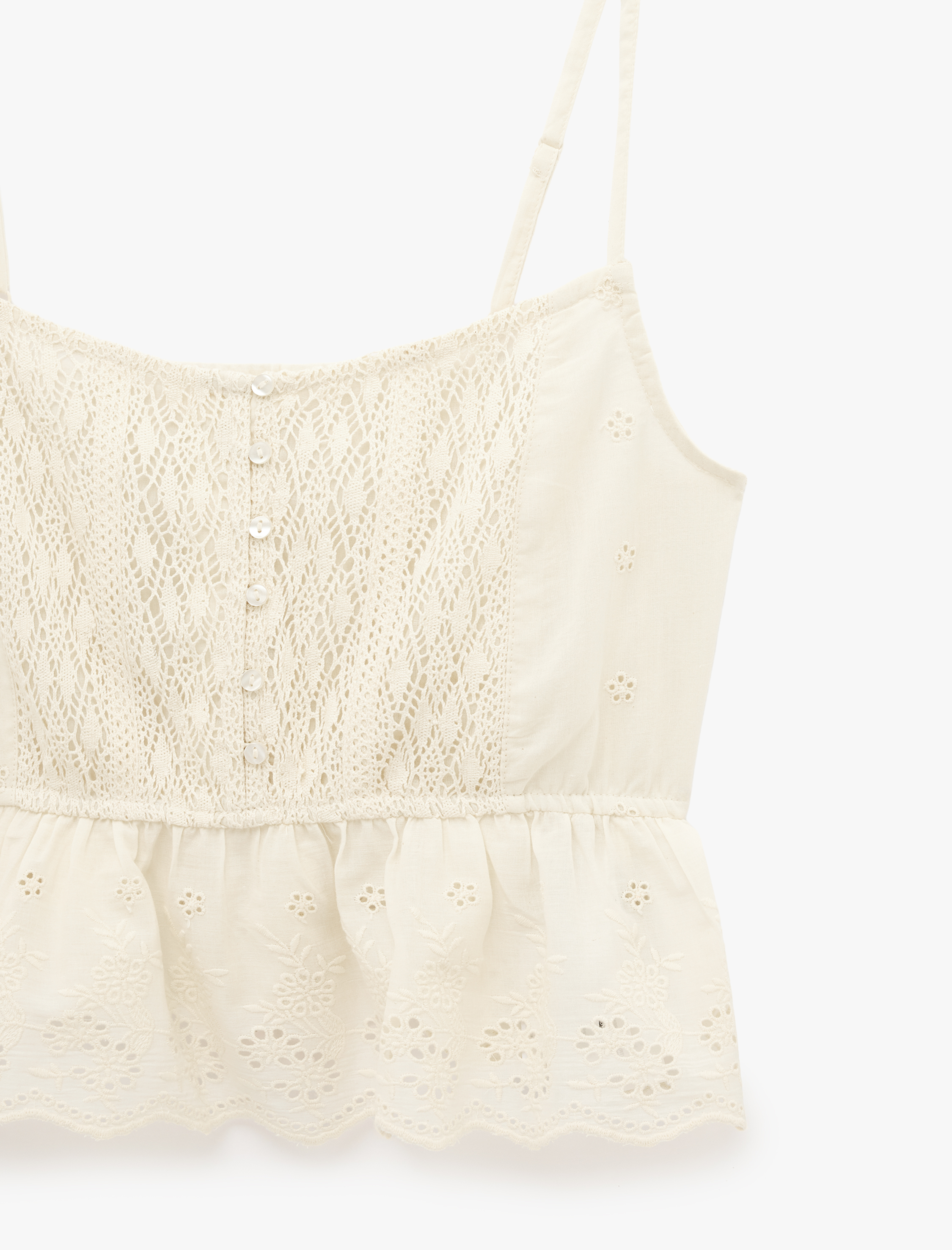   Pamuklu Bel Vurgulu Dantelli Brodeli İp Askılı Crop Bluz