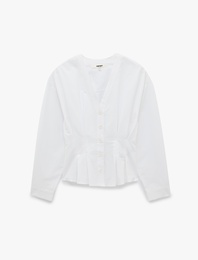 Slim Fit Düğmeli Uzun Kollu V Yaka Poplin Gömlek