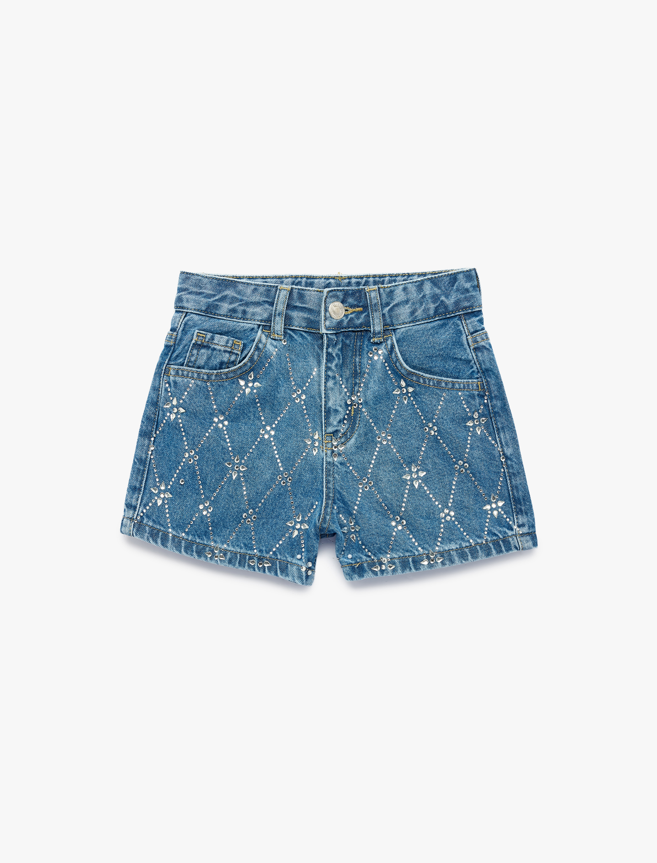  Kız Çocuk Slim Fit Pamuklu Cepli Taş Detaylı Mini Denim Şort