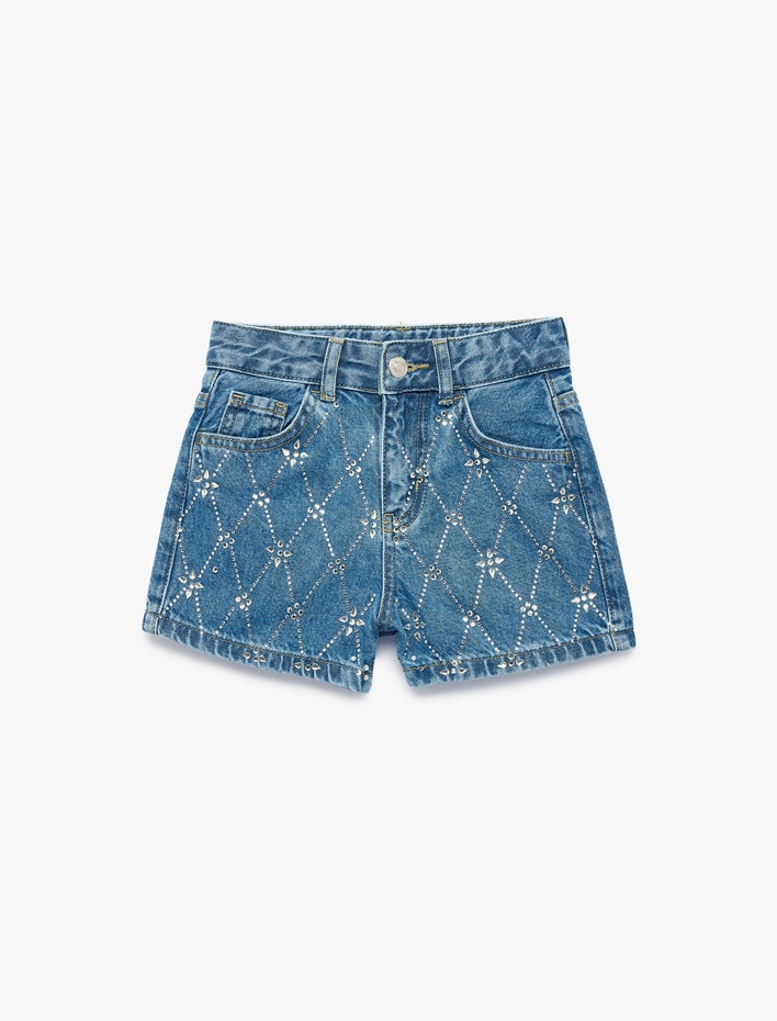 Kız Çocuk Slim Fit Pamuklu Cepli Taş Detaylı Mini Denim Şort