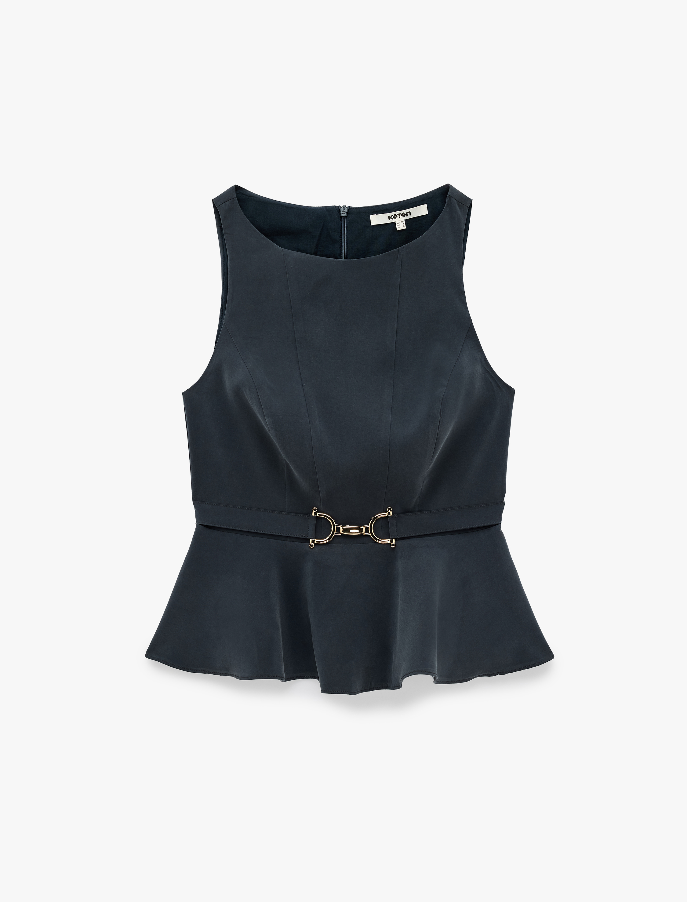   Viskon Cupro Kumaş Yuvarlak Yaka Aksesuar Detaylı Kemerli Peplum Kolsuz Bluz