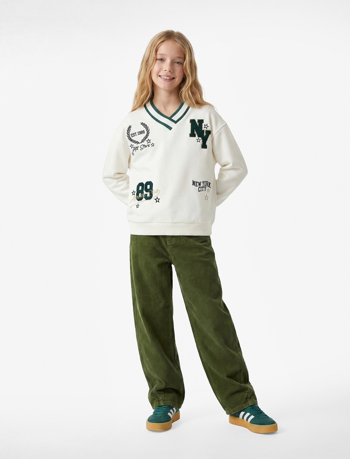 Kız Çocuk Nakış Detaylı Uzun Kollu V Yaka Sweatshirt