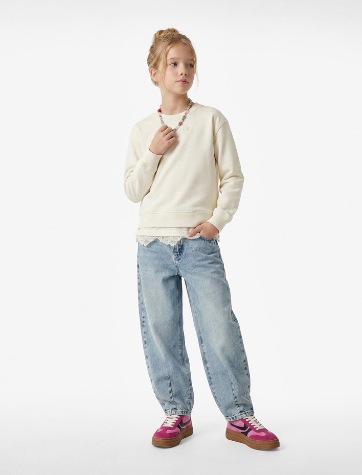 Kız Çocuk Uzun Kollu Bisiklet Yaka Dantel Detaylı Pamuklu Sweatshirt