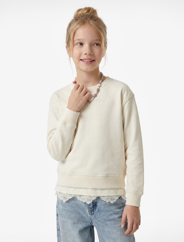 Kız Çocuk Uzun Kollu Bisiklet Yaka Dantel Detaylı Pamuklu Sweatshirt