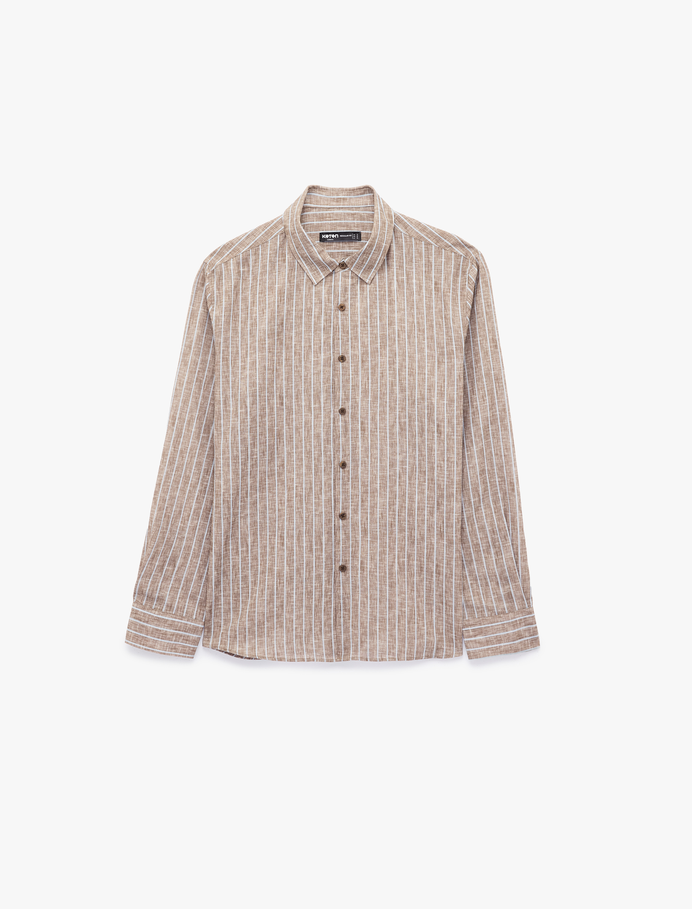   Regular Fit Klasik Yaka Pamuk Keten Karışımlı Uzun Kollu Çizgili Gömlek